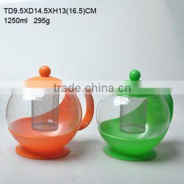 hot selling 1250ml clear borosilicate glass tea pot with plastic lid handle and strainer