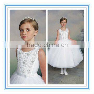 Sleeveless Satin Hand-Beaded Bow Dirnal little queen white flower girl dress patterns(FLMO-3080)