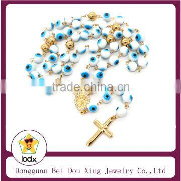 High Quality Religious Easter Keepsake Jewelry Wholesales Stainless Steel 8MM Evil Eye Rosary Beads Necklace with Crucifix Cross