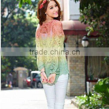 New 2015 Spring Fashion Long Sleeve Tops Women Hollow Out Lace Cotton Blouse Shirt Plus Size Blouse photo-2