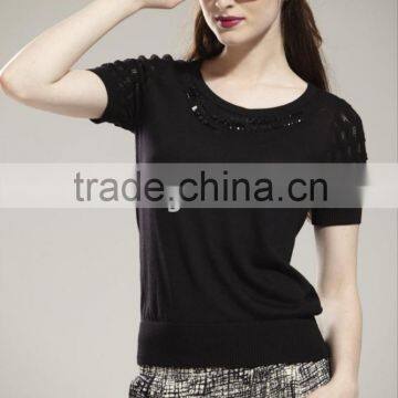 Ladies' Scoop Neck Short Sleeve Pullover Solid Color Knitted Sweater With Sequin & Stone Beading