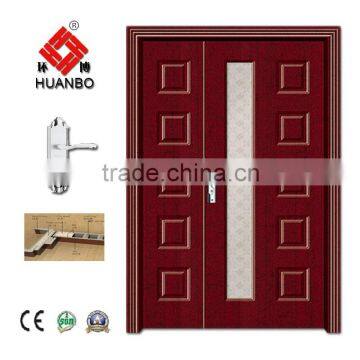 Latest design wood interior solid double door swing emboss doors with glass