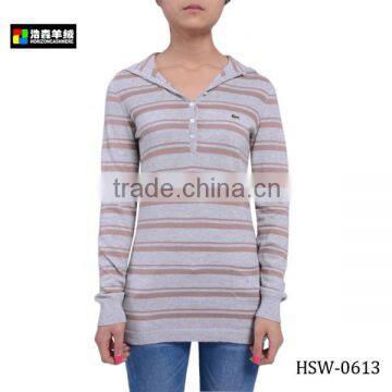 Woman Classic Cotton Cashmere Sweater, Stripe Knitted Hoodie,