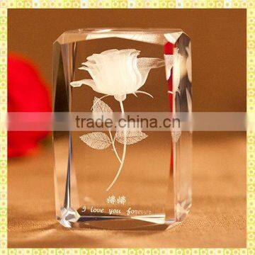 New Arrival 3D Laser Engraved Crystal Rose Block For Girlfriend Gifts