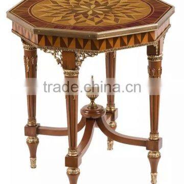 Vintage Natural Wood Carved Coffee Table With Brass Pedestal Handmade Marquetry Round Side Table Castle Living Room Furniture photo-4