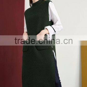 2017 New Design Women Green Color Vest Sweater Stand Collar Side Vent Sweater photo-2