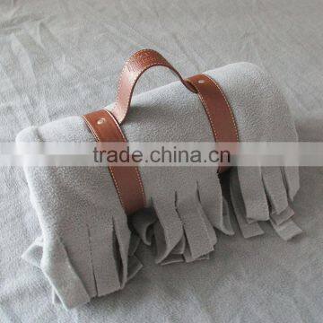 Polar Fleece Travel Blanket With PU Leather Handle & Embossed Logo Fringe Blanket
