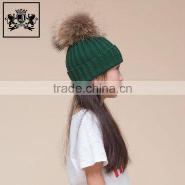 New Style Unisex Child Beanie Baby With Soft Raccoon Fur Pom Pom