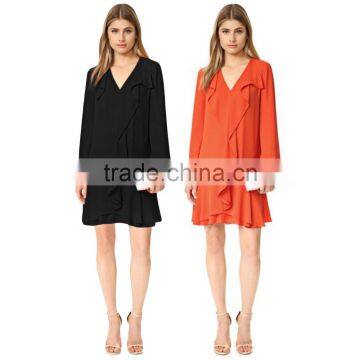 Hottest Fall Sexy Long Sleeve V-Neck Chiffon Mini Straight Dress Fashion Fungus Females Dress Orange Red And Black 2 Colors