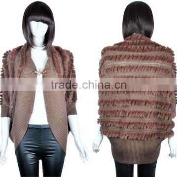 YR588 Hot Sale Free Size Fashion Trendy Yarn Wool Knit with Rabbit Fur Women Poncho