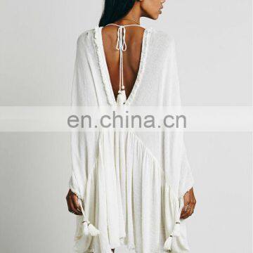 High Quality Raw Hem Cotton Gauze Dress Fashion High Low Tunic Dress photo-4