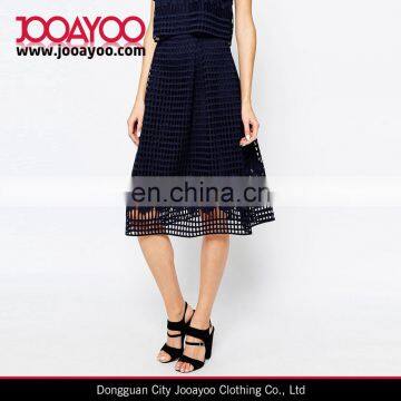 Navy Floral Embroidered Mesh Lace Crochet Full Midi Skirt photo-2