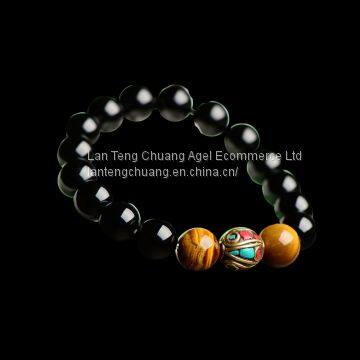 Original Folk Style Black Onyx 10mm Nepal Handmade Beads Single Ring Bracelet Beads Turn on Hand