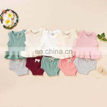 0-24M Newborn Infant Baby Girl Knitted Clothes Set Ruffles Vest Tops Bow Bloomers Shorts Outfits