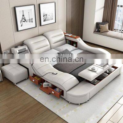 Luxury Smart Bedroom Furniture Leather Lift Bed King size Beds  with WiFi Speaker USB Charger Massage