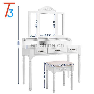 Girl Wooden Dressing Mirrored White Vanity Makeup Artist Table