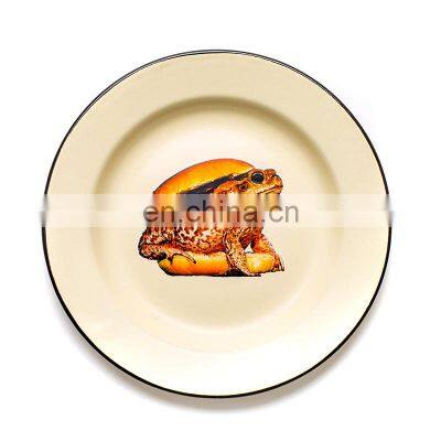 Best seller custom color vintage logo printing mild carbon steel sheet enamel dinner plate for wholesale