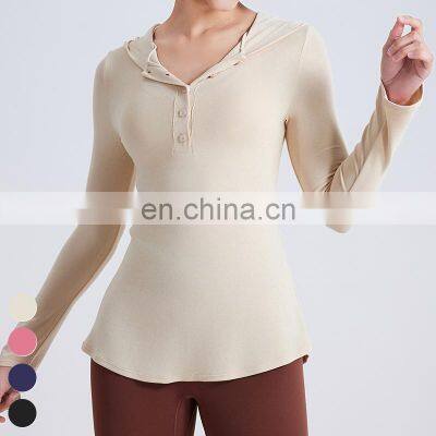 Wholesale Fall Winter T-shirt Long Open Neck Running Shirts Custom Gym Fitness Tops Long Sleeve Hooded T Shirt Women Yoga Top photo-5