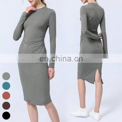 Long Sleeve Waisted Ruffles Split Back Yoga Dress Custom Logo Workout Clothing Gym Fitness Wear Yoga Skirt Women Sports Dress photo-4