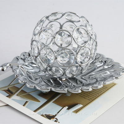 Wedding Silver Leaf Candle Holder Round Small Metal Crystal Ball Tealight Candle Stick Holder Light Table Centerpieces