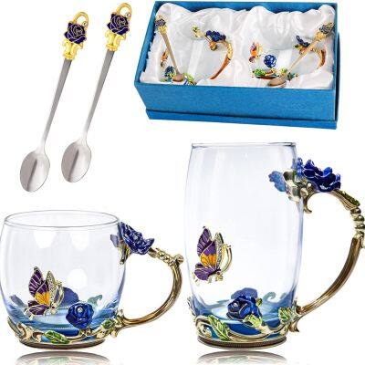 Rose Flower Enamel Tea Cup Glass Mug with Spoon Set Tea Cup Glass Coffee Mugs Novelty Coffee Mugs