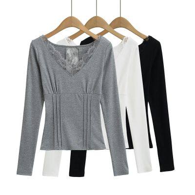 Pure lust hot girl lace sexy inner bottom T-shirt women's 2025 spring new long-sleeved slim western style top ins