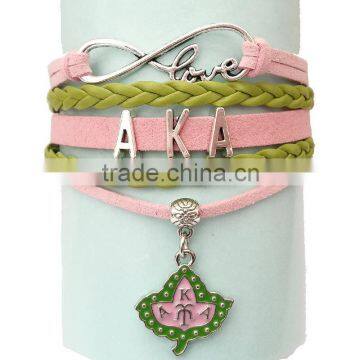 Newest AKA Wrap Bracelet Leaf Alpha Kappaa Alpha AKA Heart Pink Green Custom Leather Bracelet photo-3