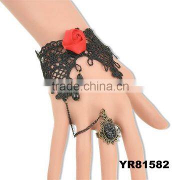 Exquisite Rose Embellished Hollow Pendant Lace Bracelet With Fringed Ring For Women