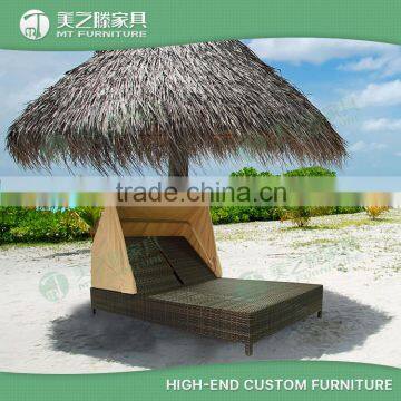 Wholesale cheap PE rattan large double sun lounger wicker beach lover sun bed