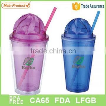 Double wall 450 ml plastic mug with cap lid/colorful straw