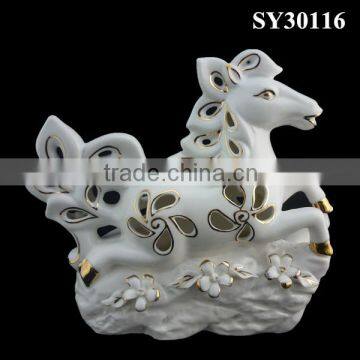 Hollow out white horse animal pottery garden decoration