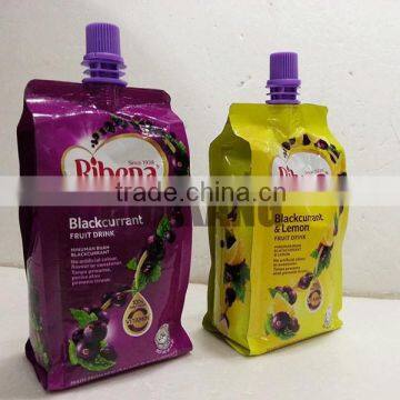 Plastic safety blackcurrant fruit drink bag with spout