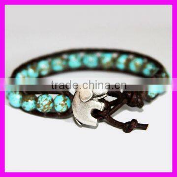 GZKJL-BL0187 Leather Wrap Gem beads Elephant Yoga Bracelet Genuine Turquoise Beaded African Bracelet