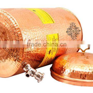Indian Art Villa Pure Copper Hammered 12 Liter Flat Hammer Water Pot With Tap - Serving & Storage Water - Home, Hotel, Restauran