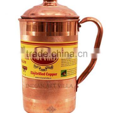 Handmade Pure Copper Jug Pitcher with Lid - 1300 ML Storage Serving Water Good Health Benefits Indian Yoga, Ayurveda