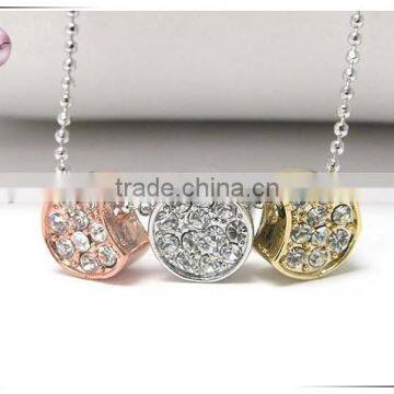 White gold plating crystal stud triple round link necklace
