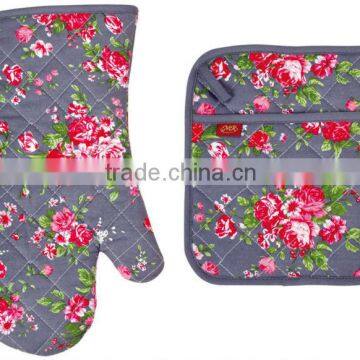 2015 HIGH QUALITY NEW DESIGN PRINTING FLOWERS AND PLANTS COTTON (OVEN MITT& POT HOLDER) KITCHEN SET