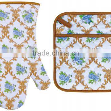 2015 HIGH QUALITY NEW DESIGN PRINTING FLOWERS AND PLANTS COTTON (OVEN MITT& POT HOLDER) KITCHEN SET MK-1702&1706