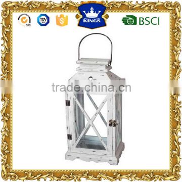 white wood candle lantern with wire handle