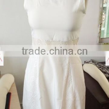 White Plain Lace Hollow-out Round Neck Sleeveless Chiffon Dress