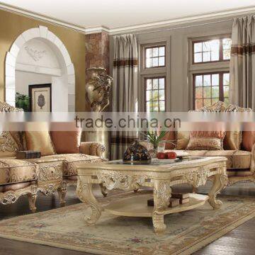 Luxury European Beige And Golden Color Wooden Hand Carved Living Room Upholstery Sofa (MOQ=1 Set)