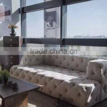 Retro Button Tufted Upholstered Fabric Sofa/ Classic Pure Linen Chesterfield Couch Sofa/ American Hot-Sale Living Room Sofa photo-2