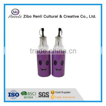 2Pieces Smile Face Metal Coat Glass Oil Vinegar Bottles With Metal Dispenser photo-2