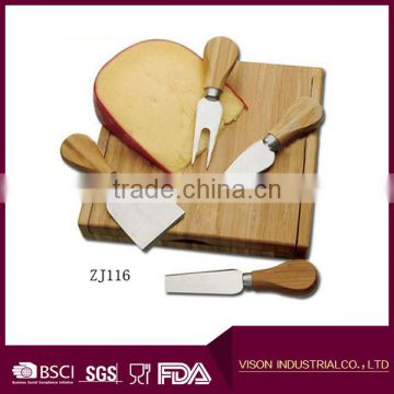 4 Pieces Set Cheese Knives with Bamboo Wood Handle Steel Stainless Cheese Slicer Cheese Cutter (Round Bamboo Handle)