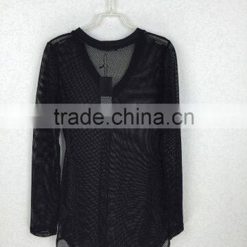 Original Design Lady V-neck Sheer Blouse Long Sleeve Black Mesh Fabric Blouse photo-6