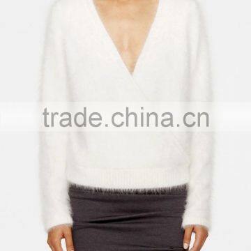 personalized lady ivory V neck ribbed hem100% angora sweater