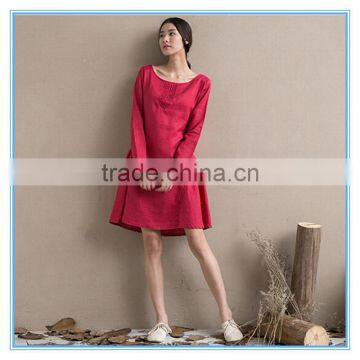 Fashion Red Linen Ladies Winter One Piece Dress of Large Size photo-2