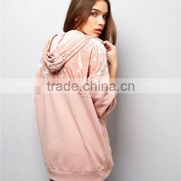 Women Oversized Loose Pockets Sides Crushed Velvet Panel Yoke Hoodie Pink Drop Shoulder Cotton Pullover photo-2