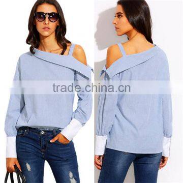 Latest Slash Neck Light Blue Fashion Shirt Pretty Girl photo-5