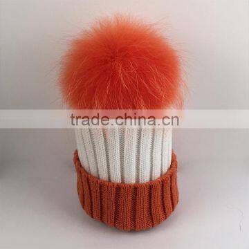 Myfur Fashion Women Bi-color Wool Beanie Hat with Real Raccoon Fur Bobble Poms